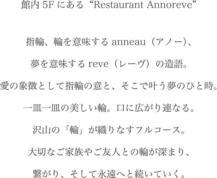 “館内5Fにある“Restaurant Annoreve”指輪、輪を意味するanneau（アノー）、夢を意味するreve（レーヴ）の造語。愛の象徴として指輪の意と、そこで叶う夢のひと時。一皿一皿の美しい輪。口に広がり連なる。沢山の「輪」が織りなすフルコース。大切なご家族やご友人との輪が深まり、繋がり、そして永遠へと続いていく。